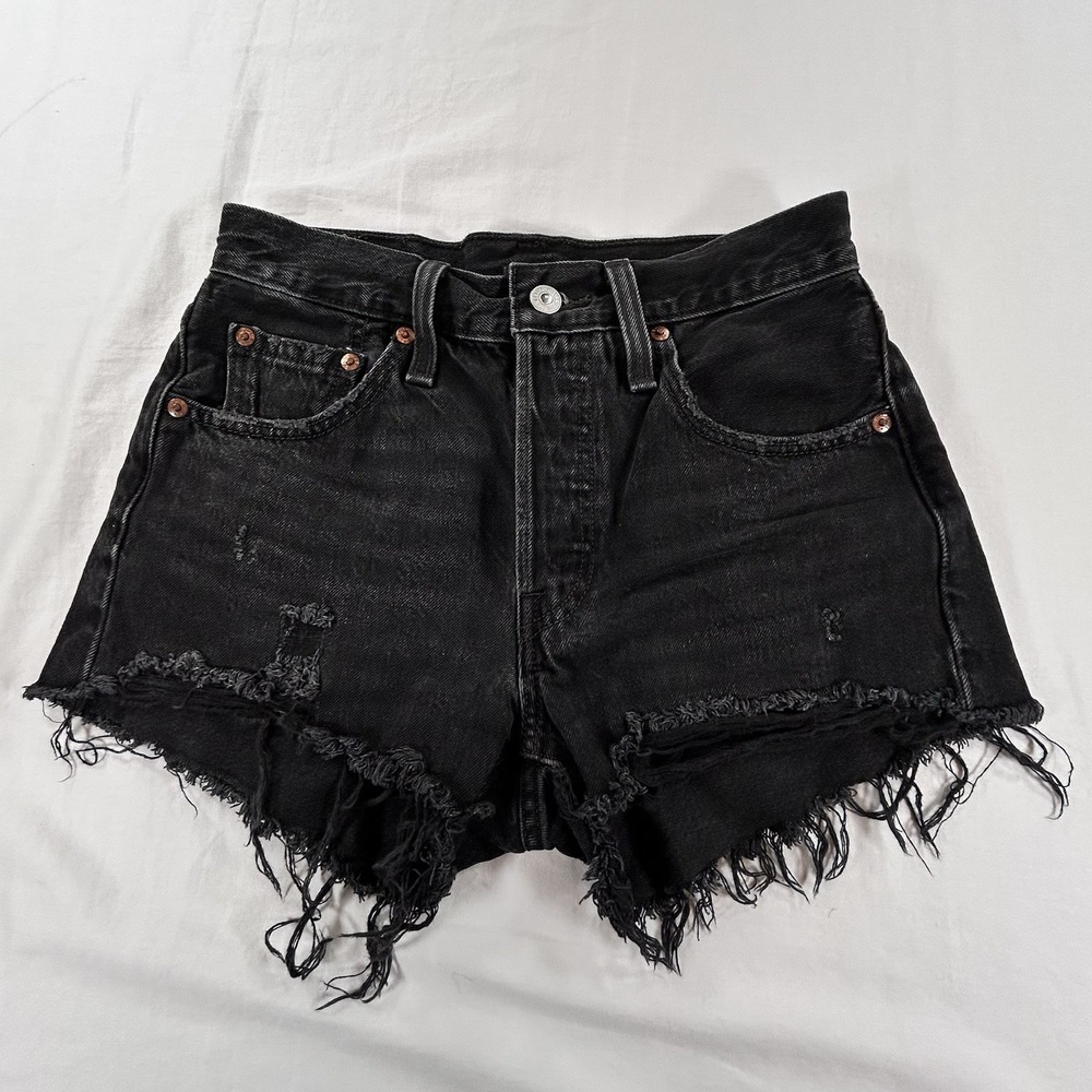 Levis Premium 501 Original Short 24 Black Distressed High Rise Button Fly Big E